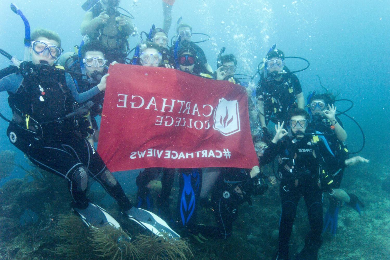 学生们手持<a href='http://4wv.shyayazuche.com/'>bv伟德ios下载</a>旗帜，在j学期洪都拉斯游学之旅中潜水.